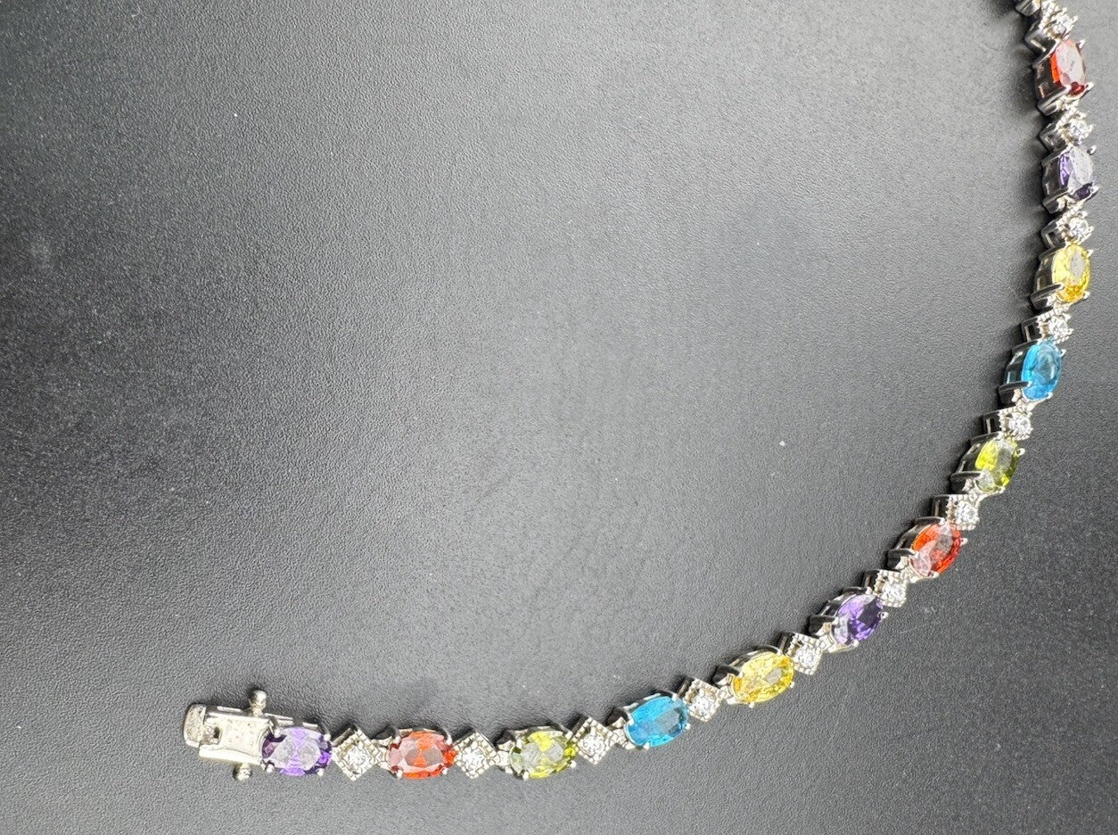 Vintage 925 Sterling Fine Silver Rainbow Gem Simulated Diamond Bracelet 7.5 10G