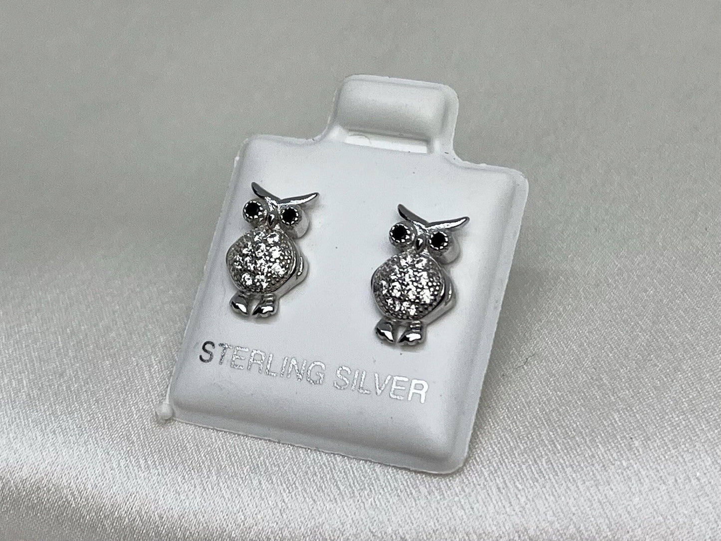 New Sterling Silver 925 7x11mm Owl Stud Earrings Two Tone Cubic Zirconia Stone🦉