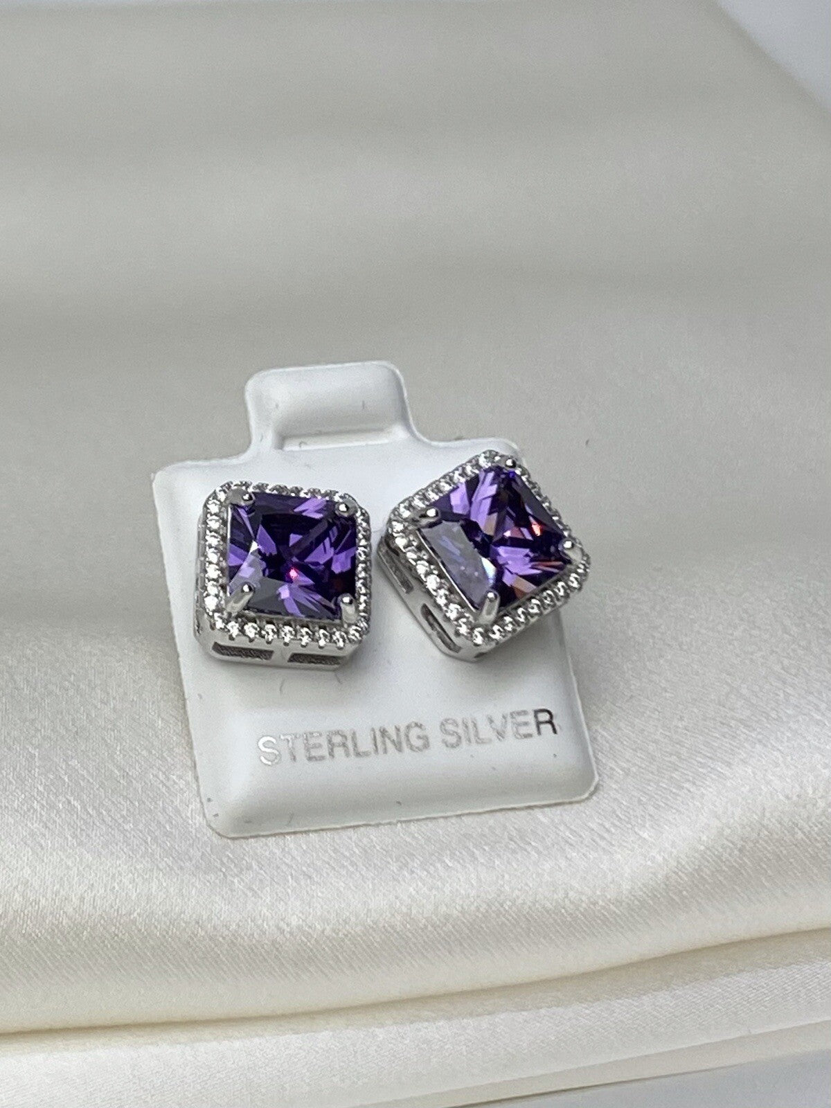 New Sterling Silver 925 11x11mm Square Stud Earrings 2 Tone Cubic Zirconia Stone