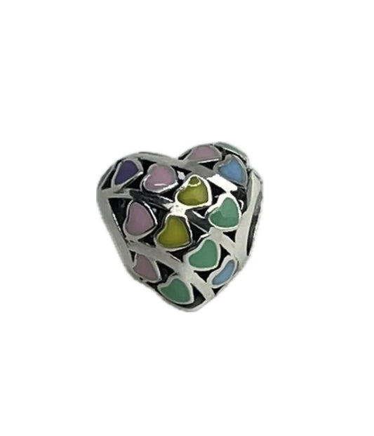 Sterling Silver 925 Enamel Rainbow Heart Love Colorful Bead Charm Pendant