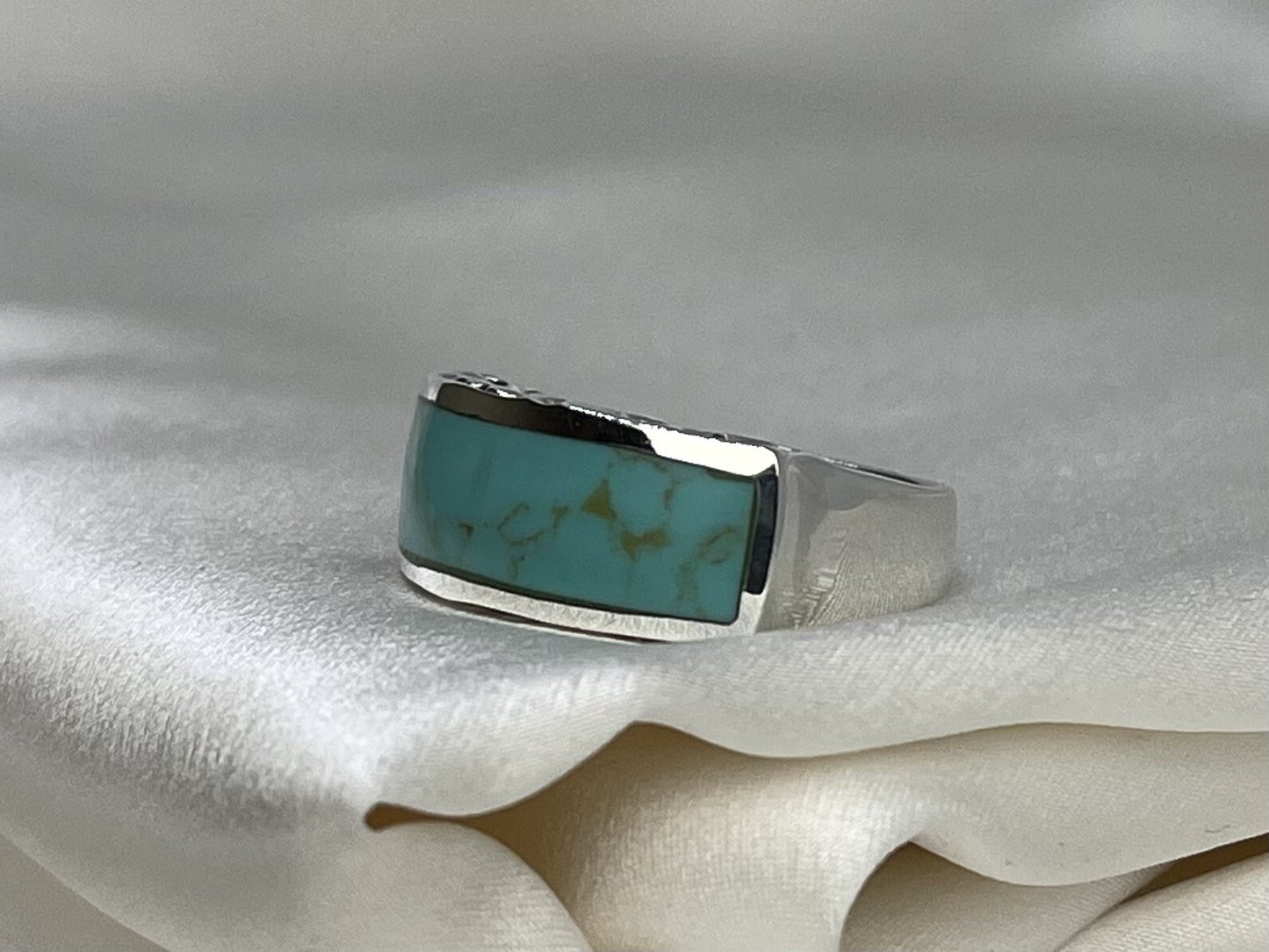 Turquoise Rectangle 9x24mm Sterling Silver 925 Hand Crafted Scroll Ring Sz 6.75