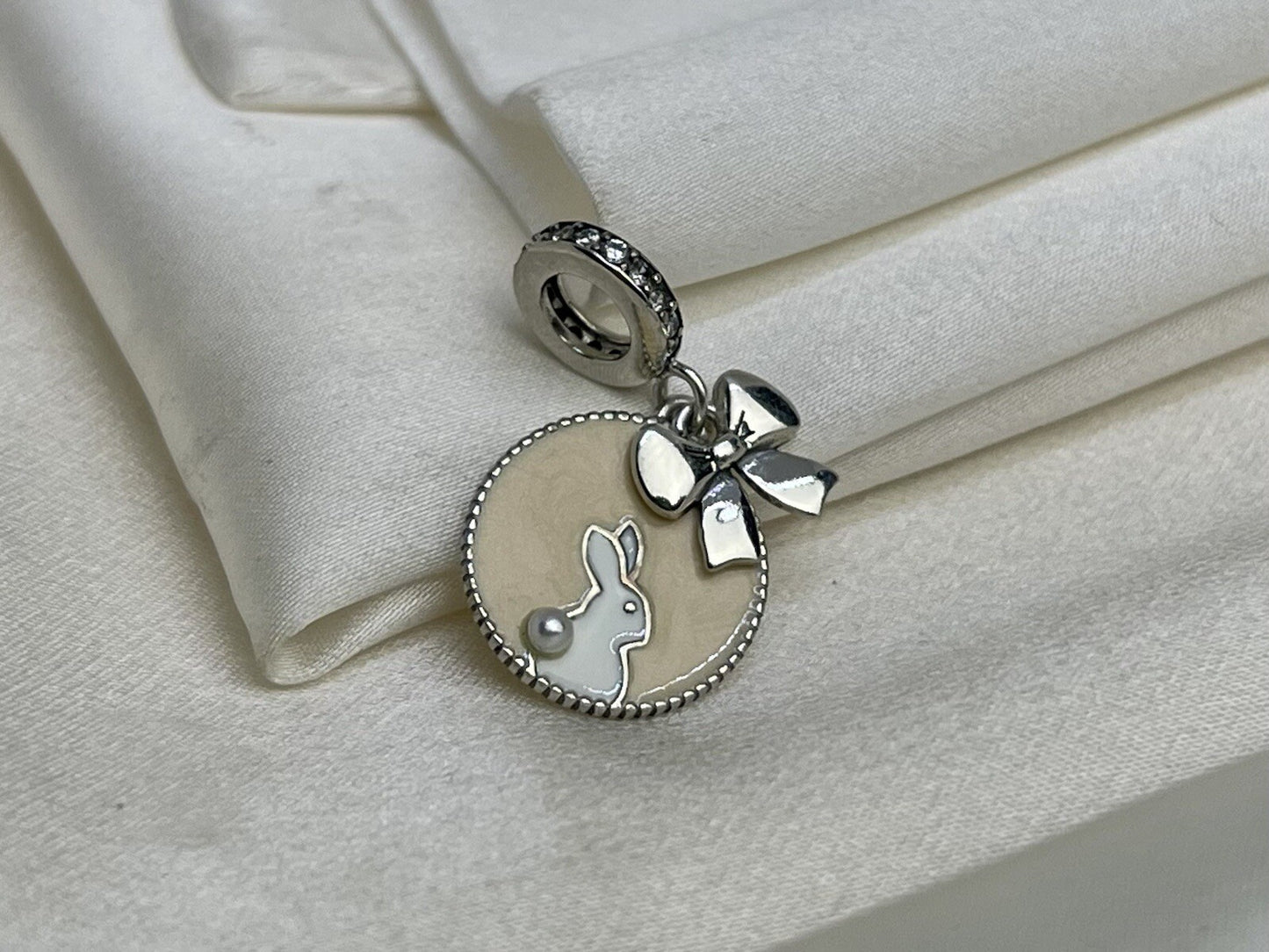 Sterling Silver 925 Enamel Beige Bow Bunny Pearl Cubic Zirconia Dangle Charm