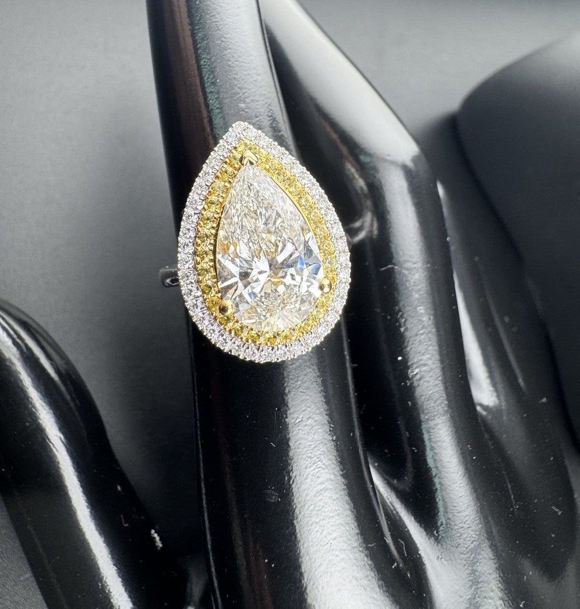 18K White Gold Large Pear Lab Diamond Ring 21mm 15x9m Pave Yellow & Clear Sz4.75