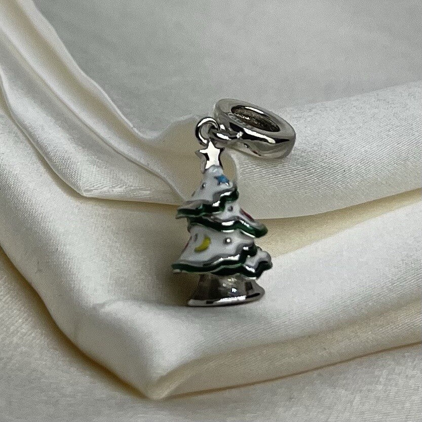Sterling Silver 925 Enamel Christmas Tree Holiday Festive Dangle Charm