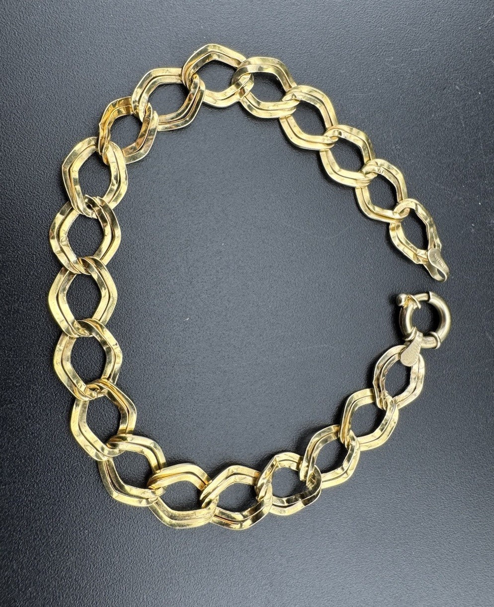 Pulsera geométrica vintage de oro amarillo de 14 quilates con doble eslabón en zigzag, 3.2 g, 7.25 pulgadas, Italia