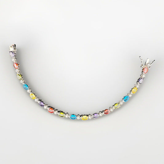 Vintage 925 Sterling Fine Silver Rainbow Gem Simulated Diamond Bracelet 7.5 10G