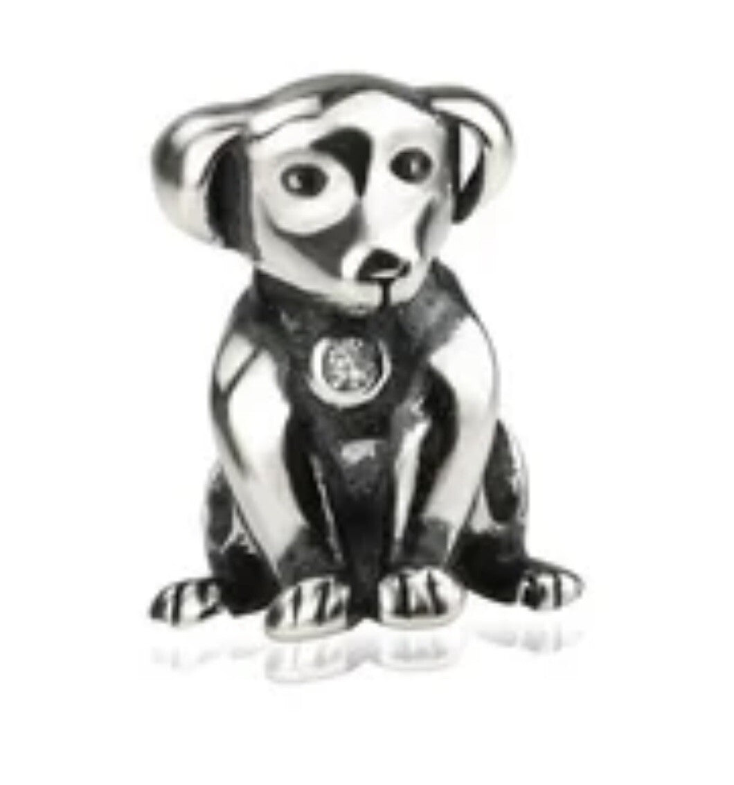 Sterling Silver Solid 925 European Playful Happy Dog Cubic Zirconia Stone Charm