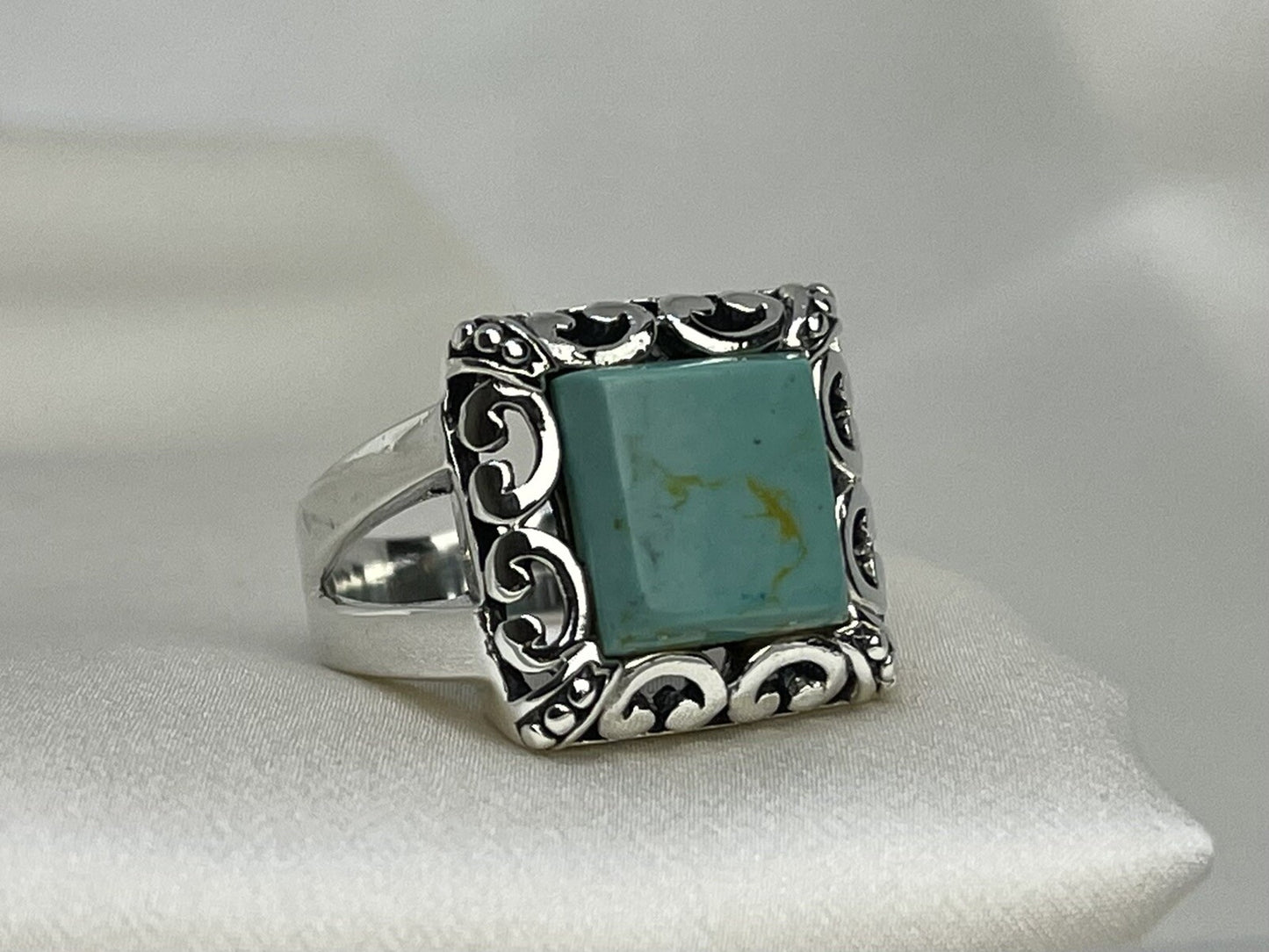 Turquoise Square 18x18mm Sterling Silver 925 Hand Crafted Scroll Ring Sz 7