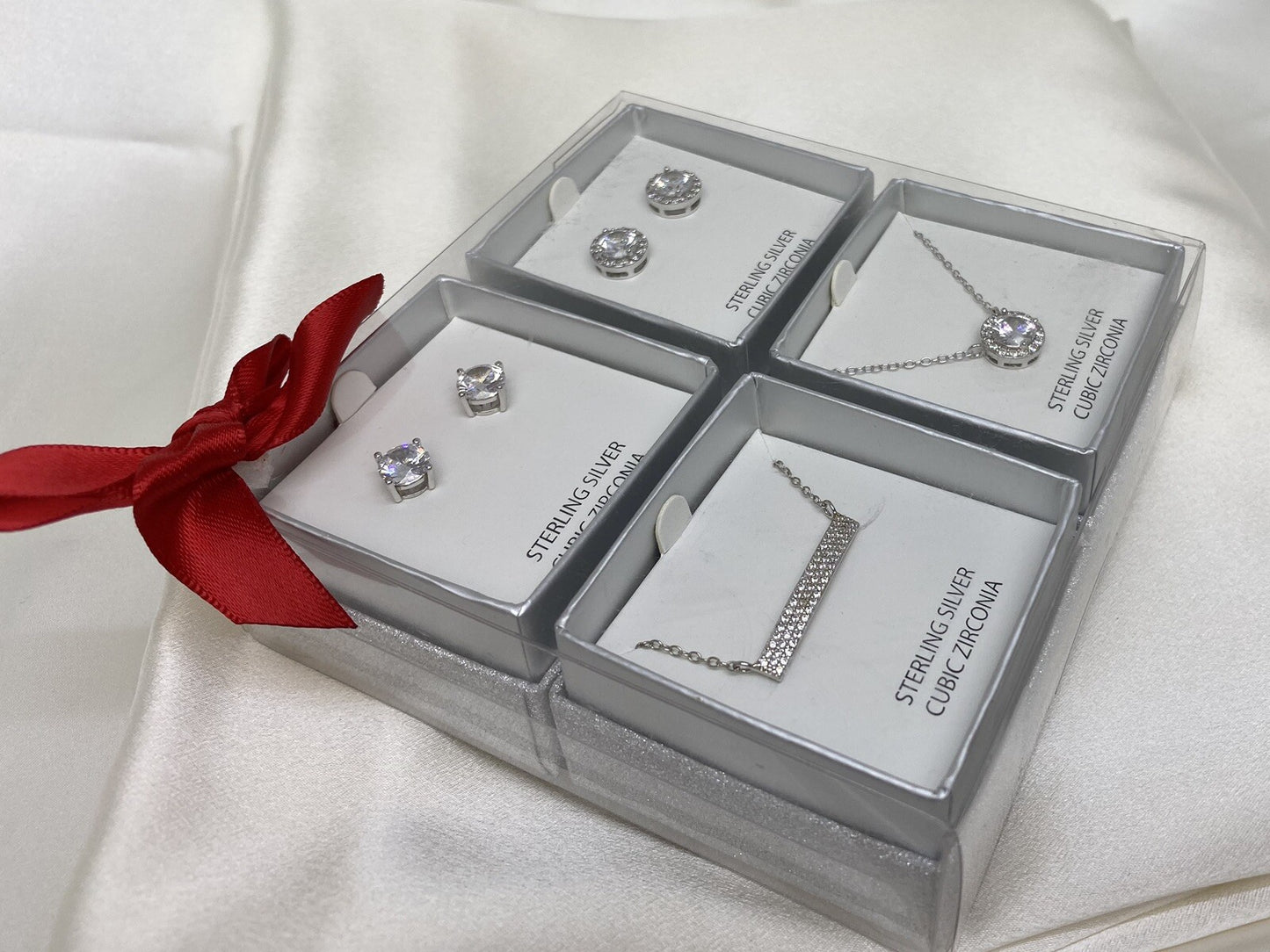 Macys Cubic Zirconia Sterling Silver 925 Jewelry Set Earrings Pendant Necklace