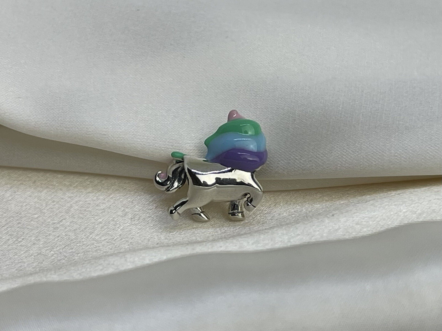 Sterling Silver 925 Enamel Rainbow Cotton Candy Unicorn Horse Pony Heart Charm