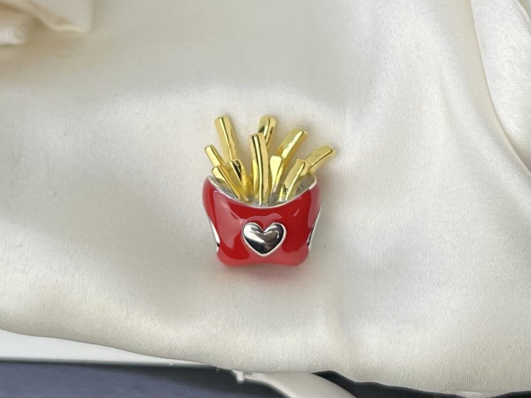 Sterling Silver 925 European Enamel I Heart Love French Fries Fast Food Charm