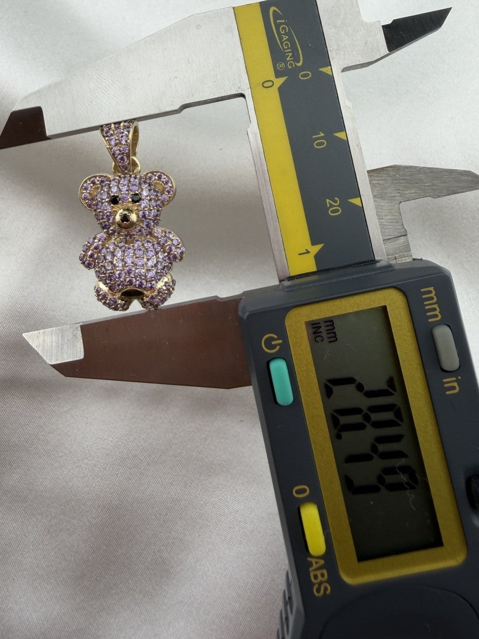 14K Gold Teddy Bear Pendant Purple Simulated Diamond Black Eyes 4.7 Gram 16x28mm