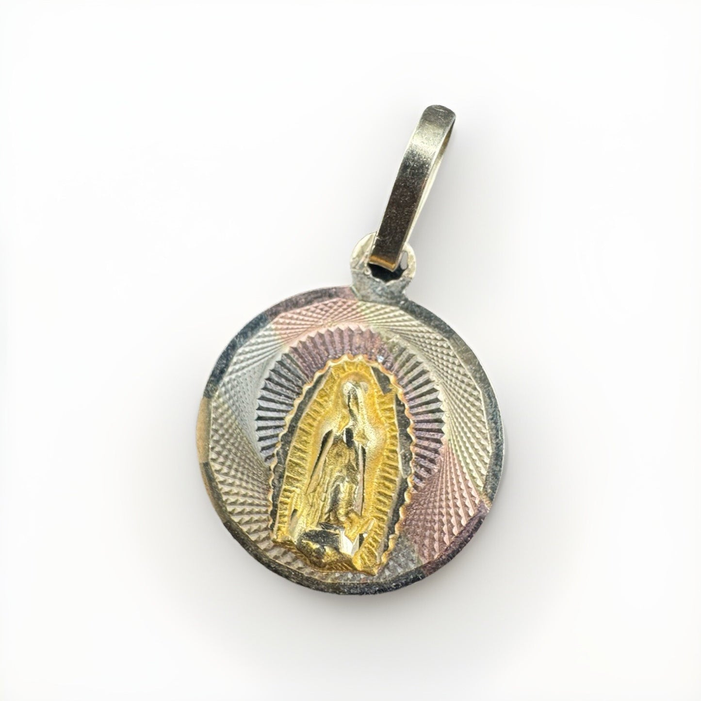 Gold Virgin Mary Guadalupe 14K Tri Gold Round Pendant Charm – 16mm, 1.8 Grams