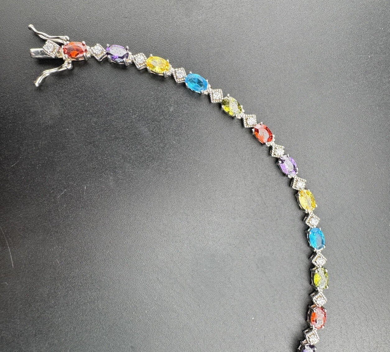 Vintage 925 Sterling Fine Silver Rainbow Gem Simulated Diamond Bracelet 7.5 10G