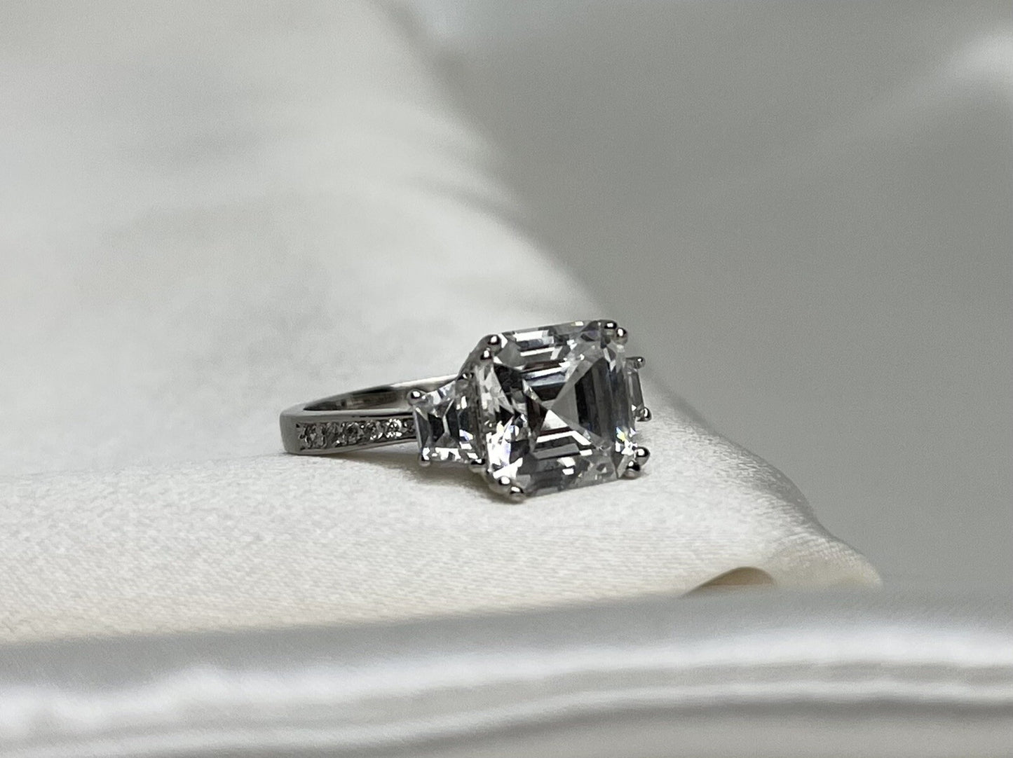 Princess Journey Engagement CZ Ring Rhodium Plated Sterling Silver Hand Crafted