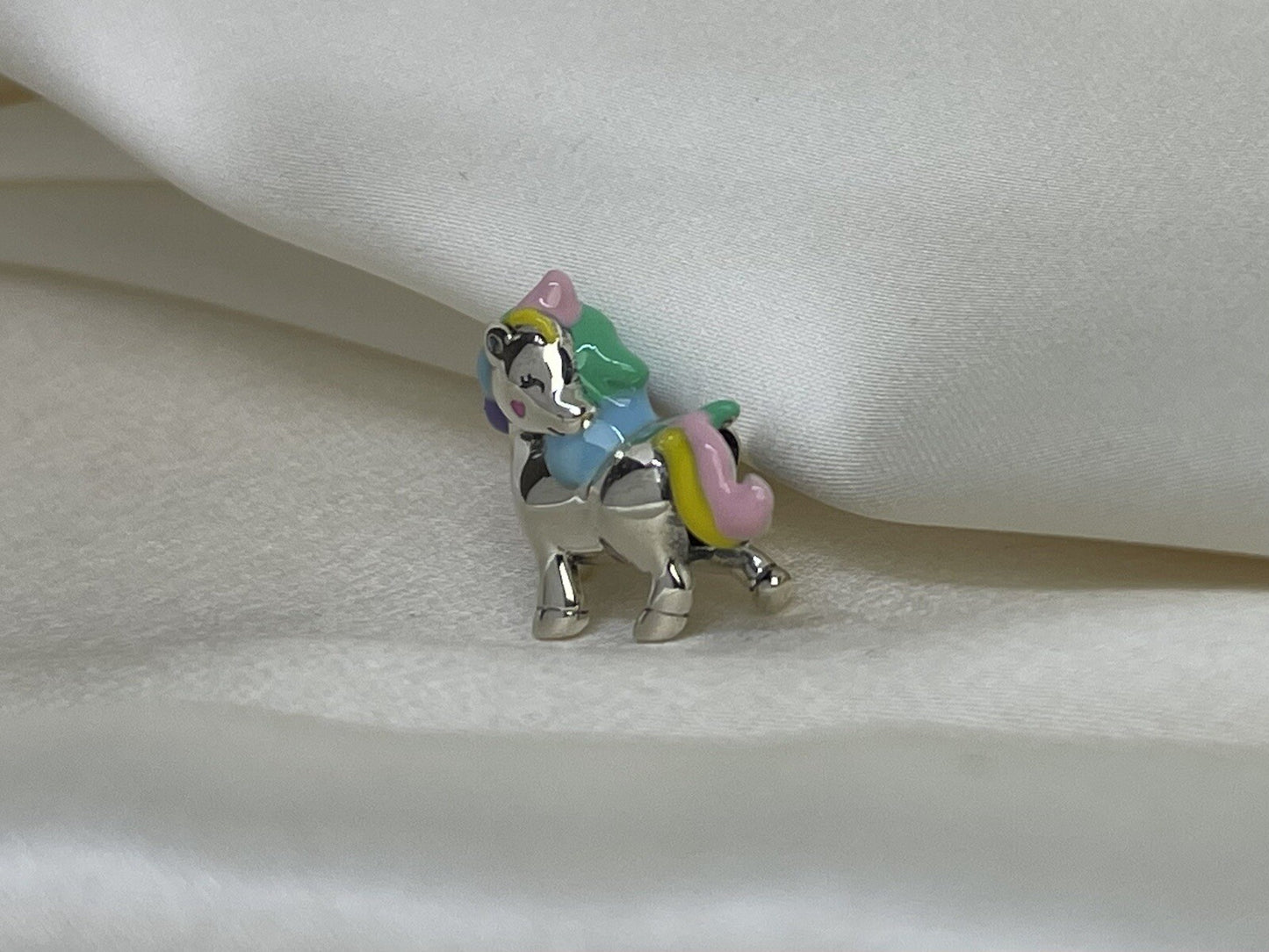 Sterling Silver 925 Enamel Rainbow Cotton Candy Unicorn Horse Pony Heart Charm