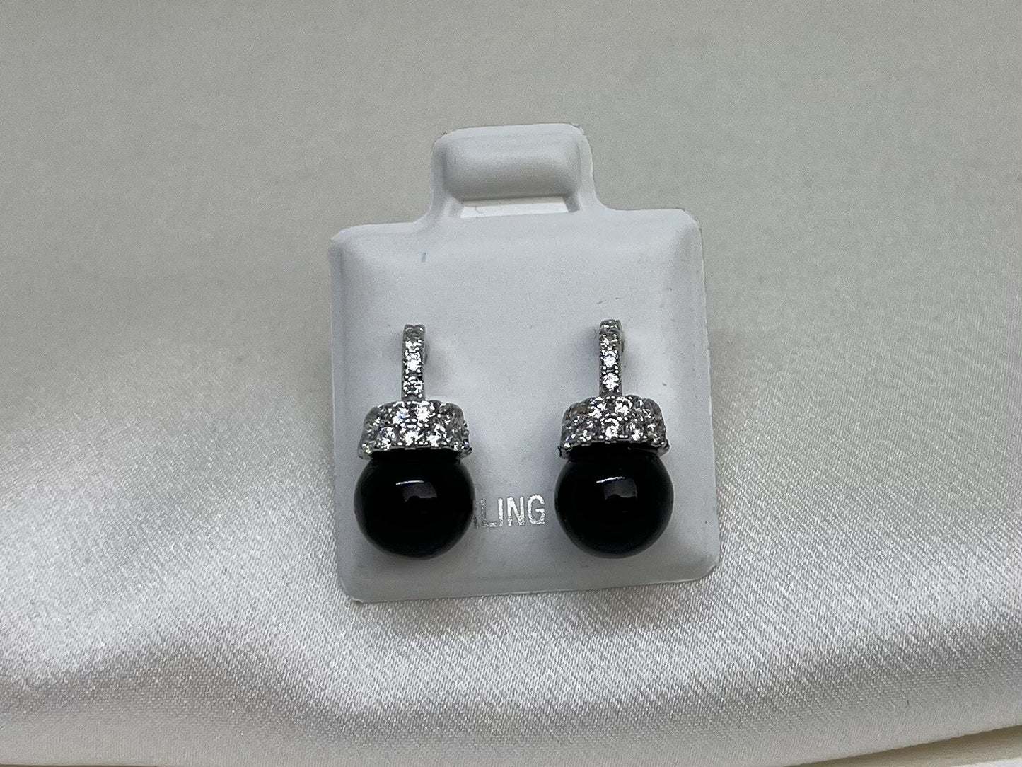 New Sterling Silver 925 7x15mm Black Onyx Dangle Earrings with Cubic Zirconia