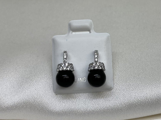 New Sterling Silver 925 7x15mm Black Onyx Dangle Earrings with Cubic Zirconia