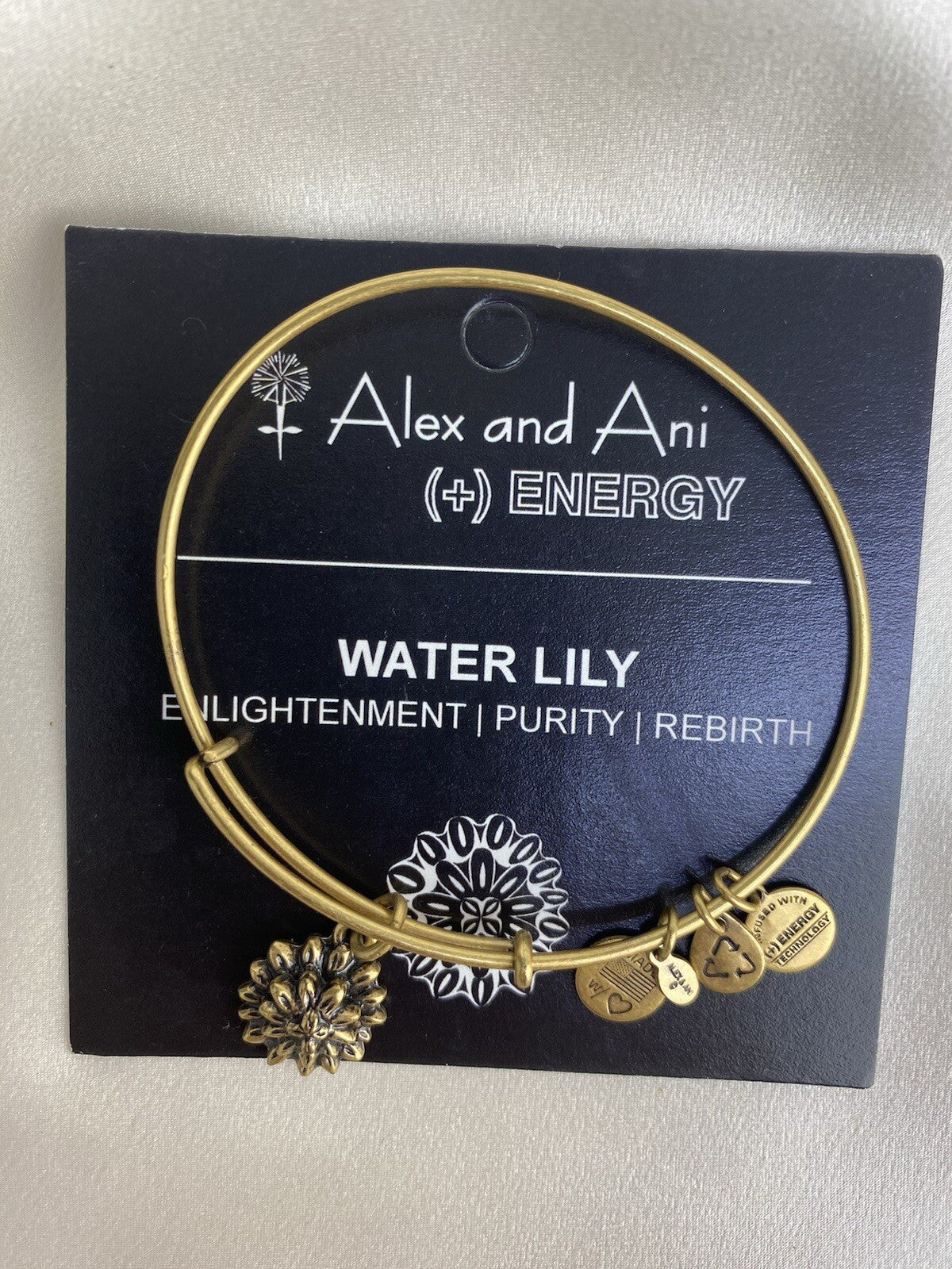 Alex and Ani Water Lily Rafaelian Gold Charm Bangle Adjustable Bracelet Card