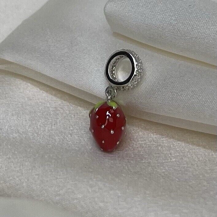 Sterling Silver 925 Enamel Strawberry Fruit Red Green Dangle Charm Pendant CZ