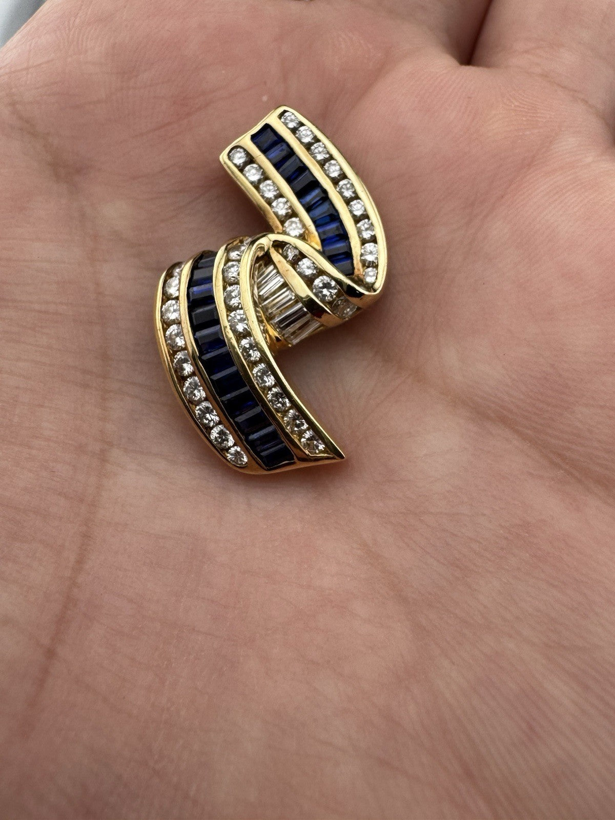 Vintage Charles Krypell 18K Yellow Gold Sapphire and Diamond Ribbon Pendant 7.7G