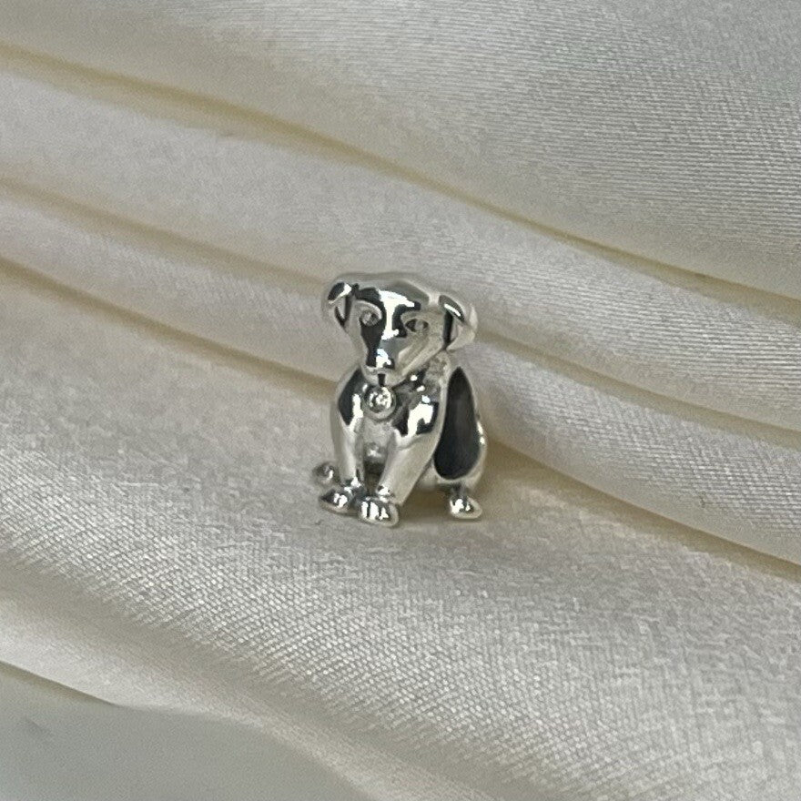 Sterling Silver Solid 925 European Playful Happy Dog Cubic Zirconia Stone Charm