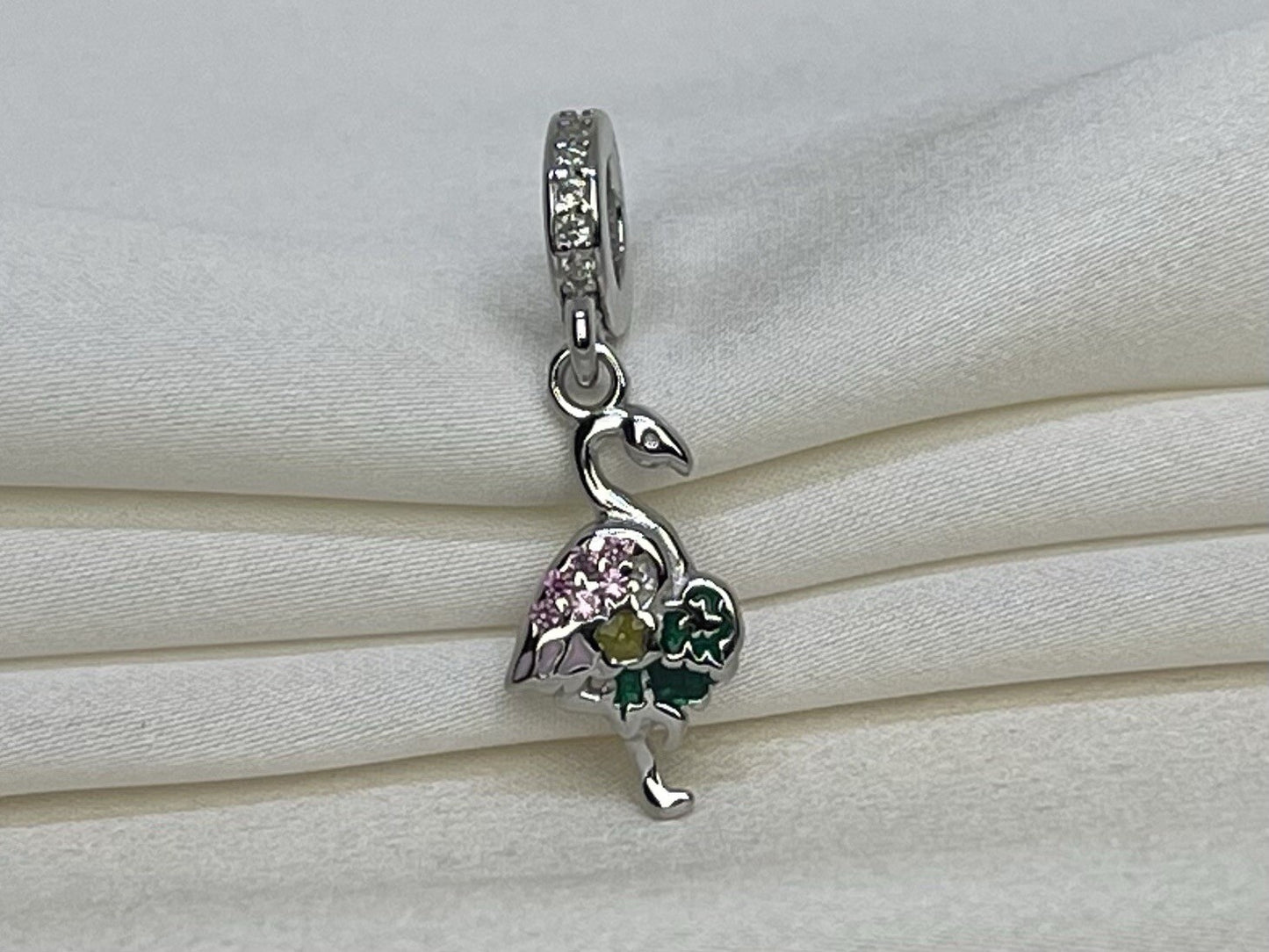 Sterling Silver 925 Multi Color CZ Stones Enamel Vibrant Flamingo Dangle Charm