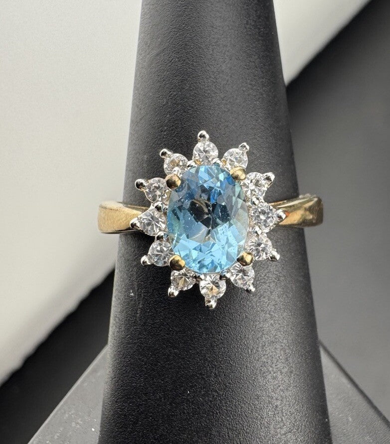 Sterling Silver 925 Blue & White Simulated Diamond Flower Ring, Size 8, 14.15mm