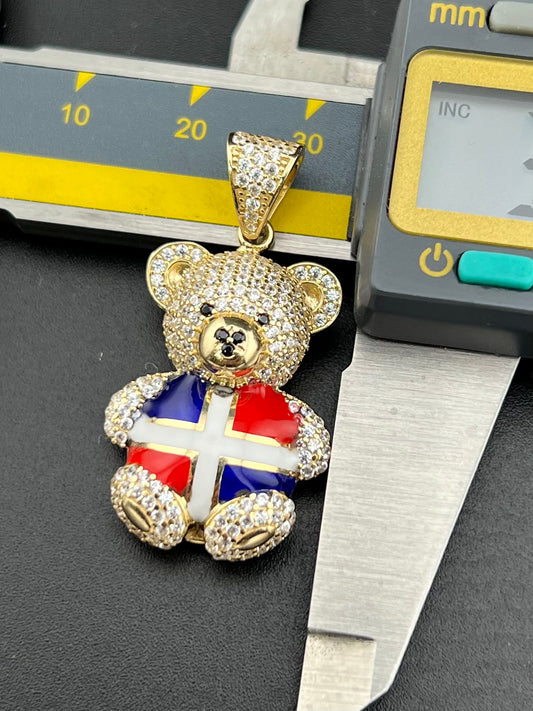 14K Gold Dominican Flag Shirt Bear Pendant with CZ Diamonds - 5.8g, 18.57x34.03mm