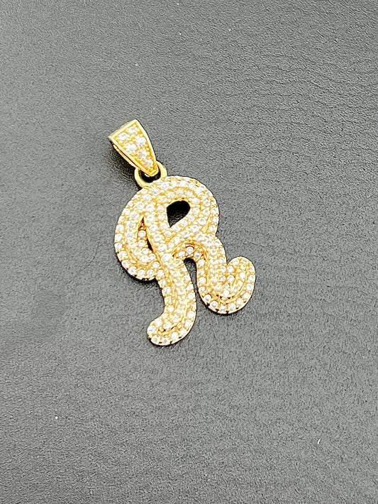 14k Yellow Gold 3D Bubble Letter 'R' Pendant with CZ Diamond Glamour