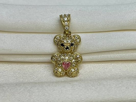 Beltran Jewelry Colgante con forma de osito de peluche de oro de 14 quilates con circonita cúbica rosa de 1.024 x 0.433 in 