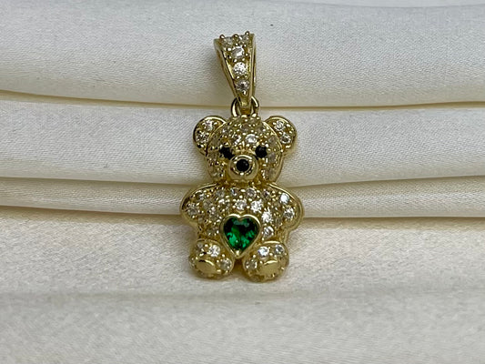 Beltran Jewelry Colgante con dije de osito de peluche de oro de 14 quilates con circonita cúbica verde CZ de 26x11m 