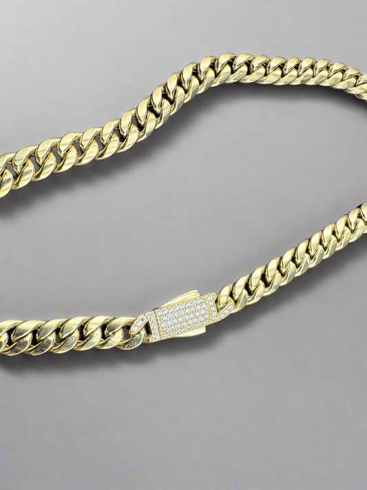 14K Yellow Gold 17.9 Grams Miami Cuban Link Chain 7.59mm Necklace W CZ 18.50in