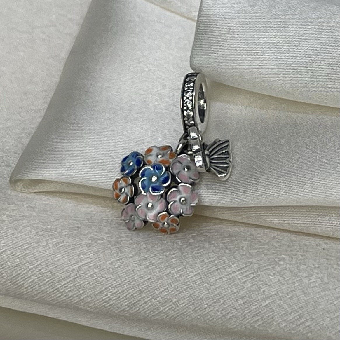 Sterling Silver 925 Enamel Cubic Zirconia Butterfly on Colorful Flowers Charm