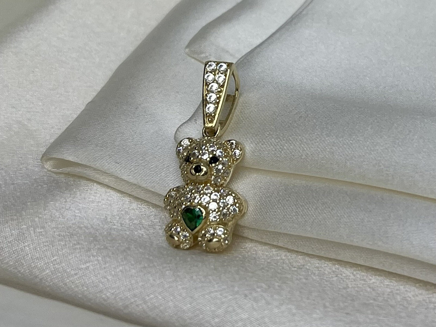 Beltran Jewelry Teddy Bear 14K Gold Green CZ Charm Pendant – 26x11mm 3.1 Grams