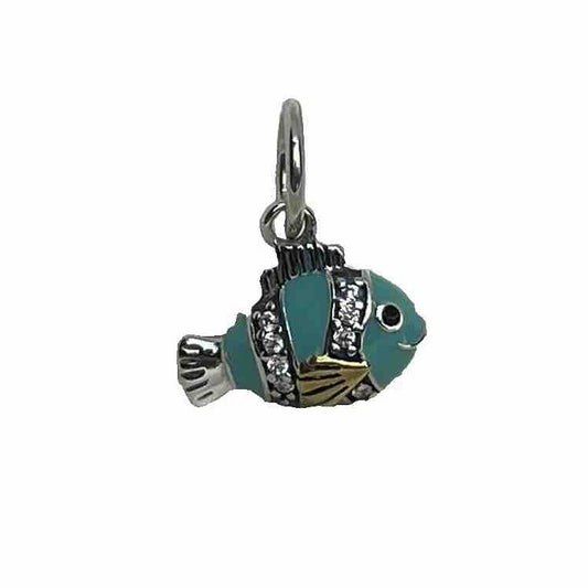 Sterling Silver 925 14k Gold Plated Blue Enamel Cubic Zirconia Fish Dangle Charm