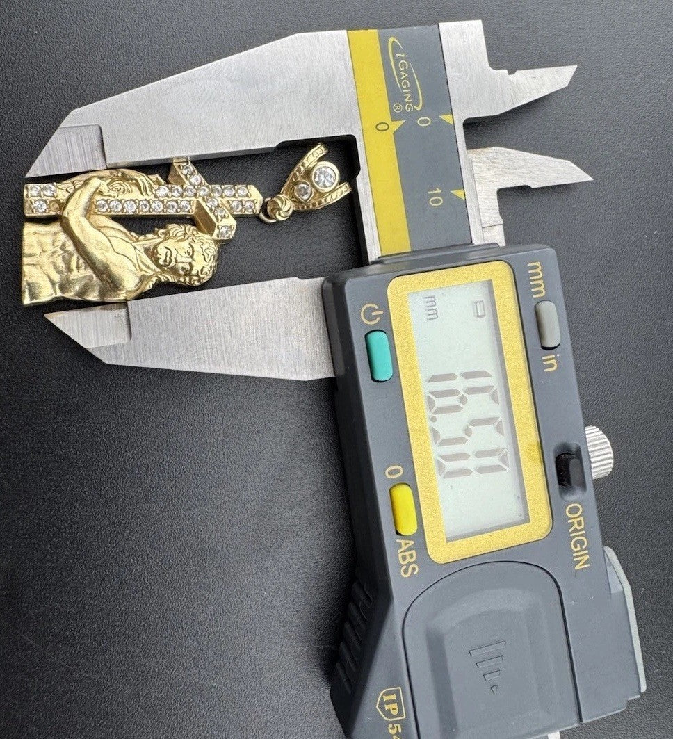 14K Gold Jesus Carrying Cross Pendant 4.5 Grams 38x16mm CZ Diamond Faith Charm