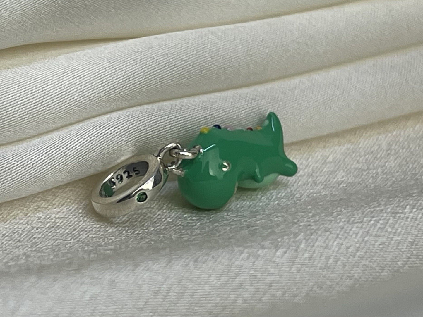Sterling Silver 925 Green CZ Stone Enamel Anime Dragon, Dinosaur Dangle Charm
