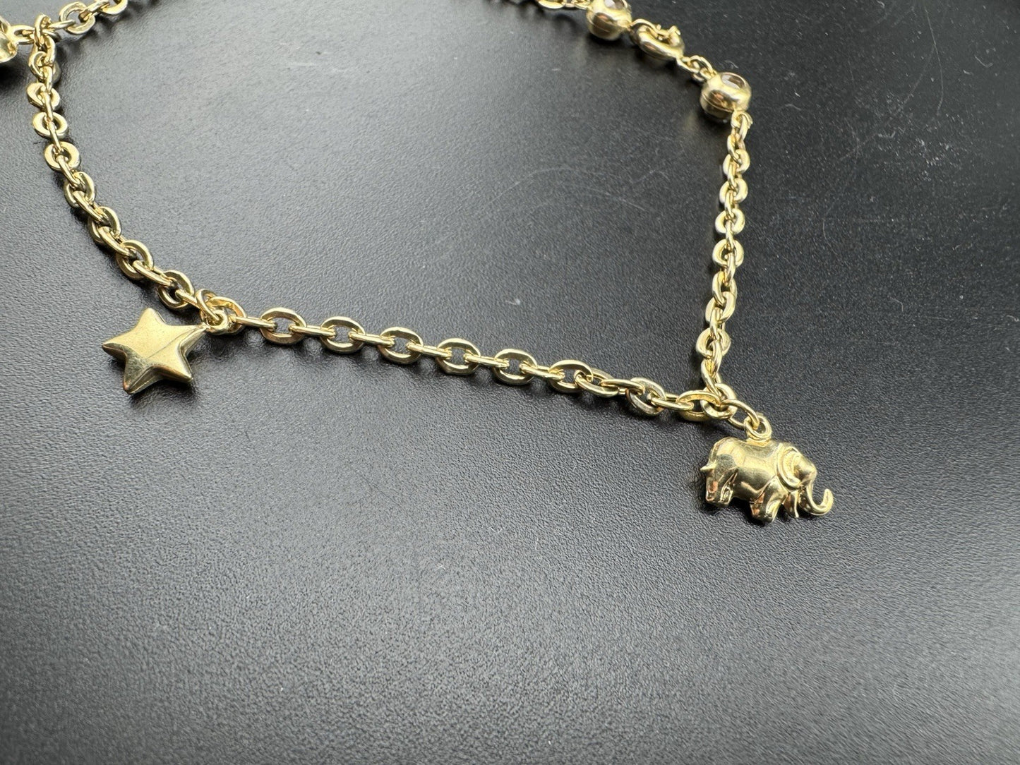 Pulsera con dijes de oro amarillo de 14K, 9.75in, 5.7mm, 5.6G, corazón, tortuga, estrella, elefante, circonita cúbica