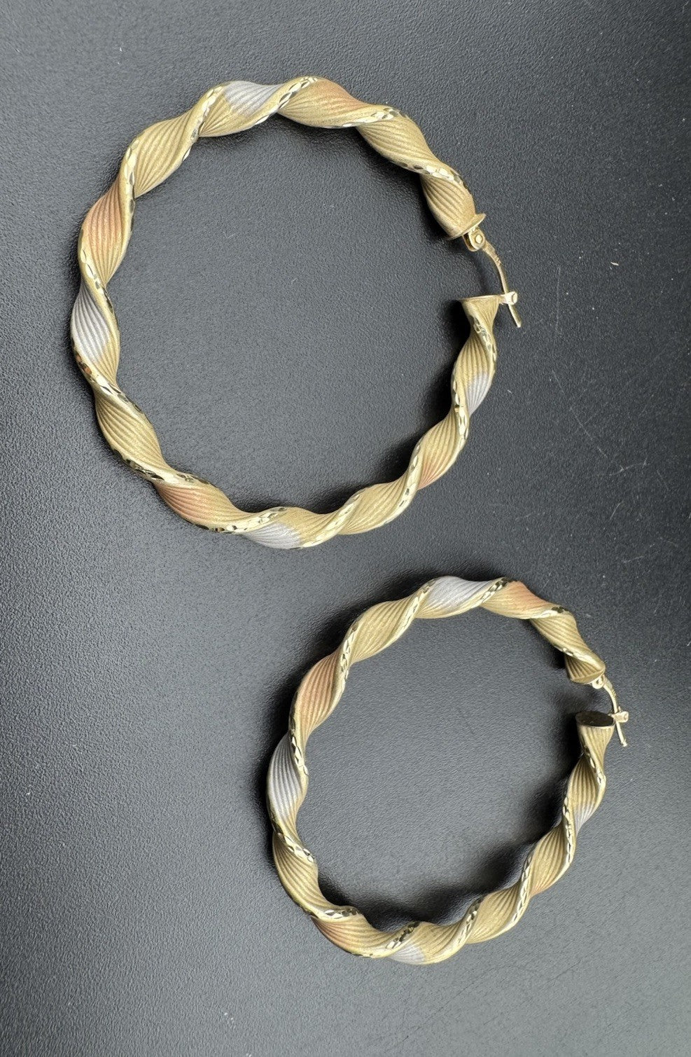 14K Tri-Tone Gold Twist Hoop Earrings Large 48.45mm 5 Grams White Rose Yellow