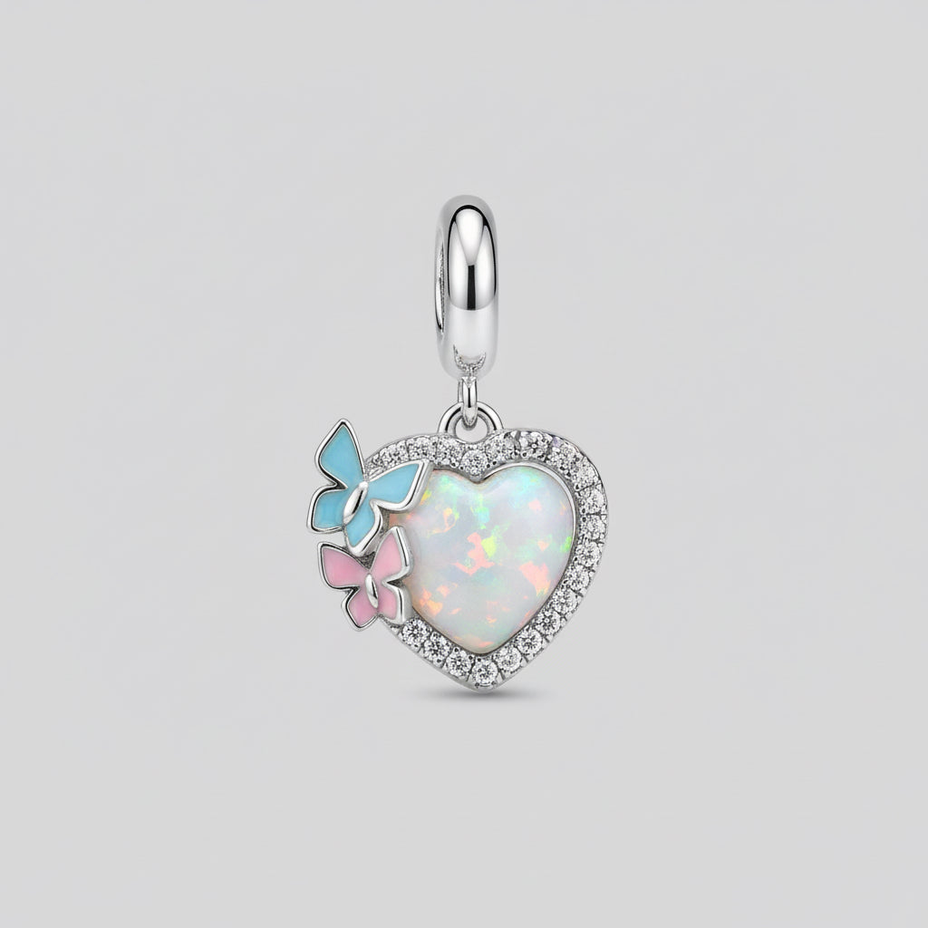 Sterling Silver 925 Enamel Cubic Zirconia Butterflys on Opal Heart Stone Charm