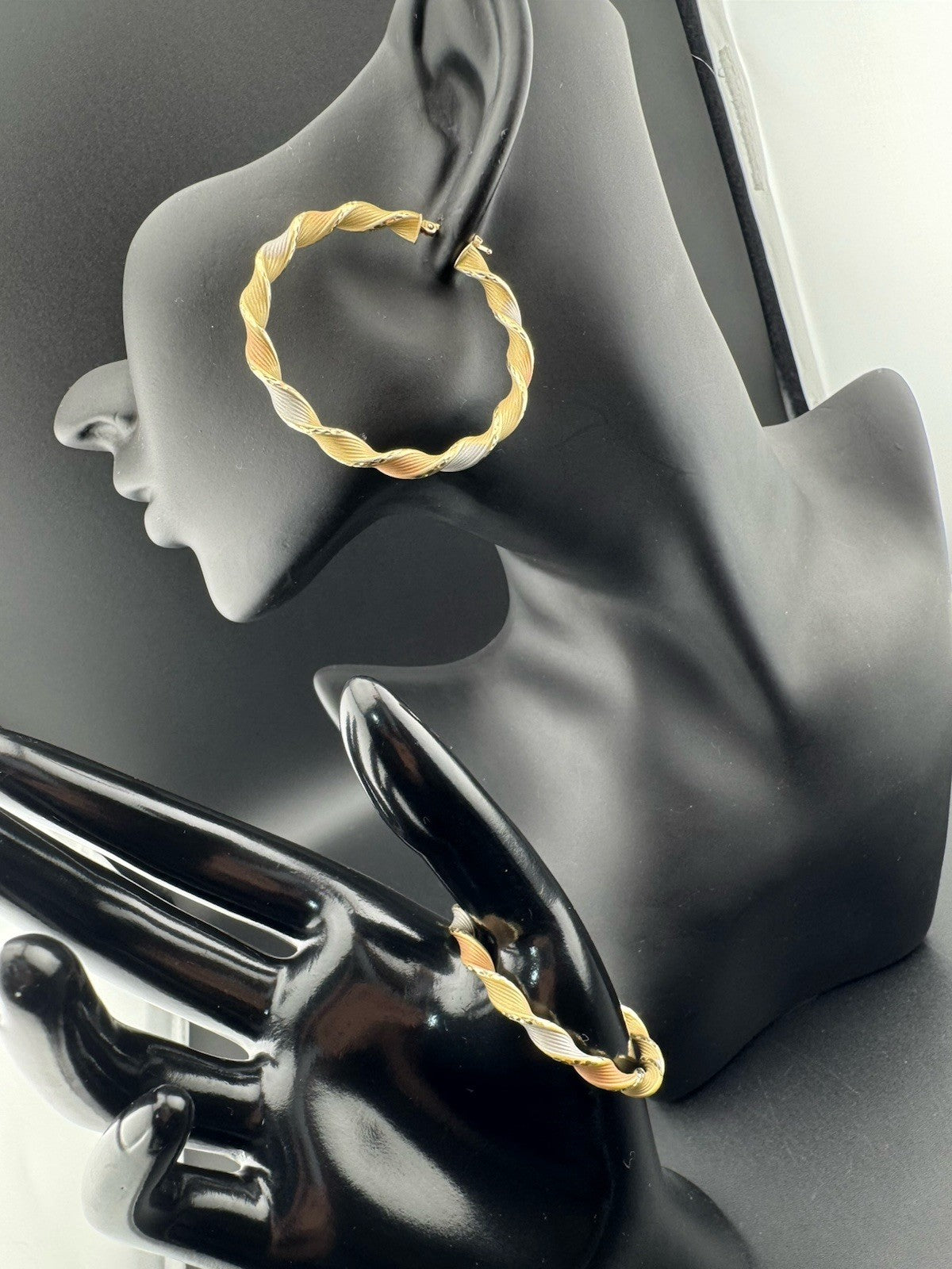 14K Tri-Tone Gold Twist Hoop Earrings Large 48.45mm 5 Grams White Rose Yellow