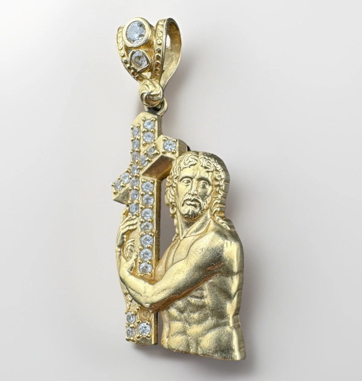 14K Gold Jesus Carrying Cross Pendant 4.5 Grams 38x16mm CZ Diamond Faith Charm
