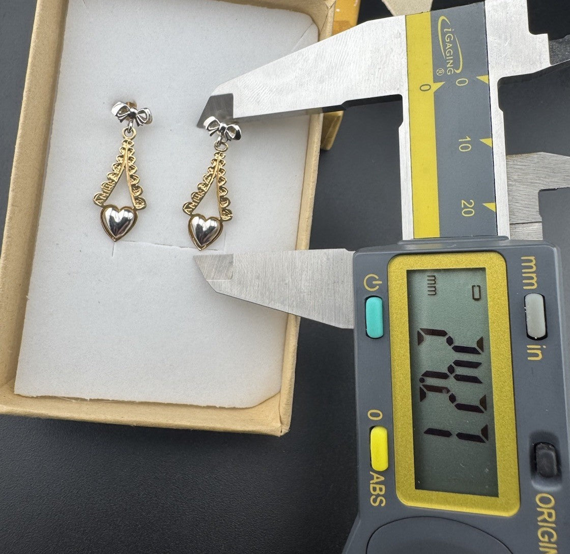 14K Two-Tone Gold Bow Eiffel Heart Dangle Earrings 2.4 Gram 9x24m Butterfly Post