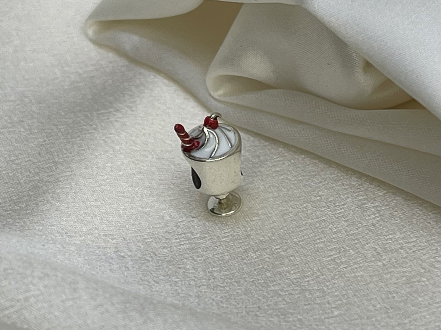 Sterling Silver 925 Enamel Hot Chocolate Cup Sweetness Cherry Straw Drink Charm