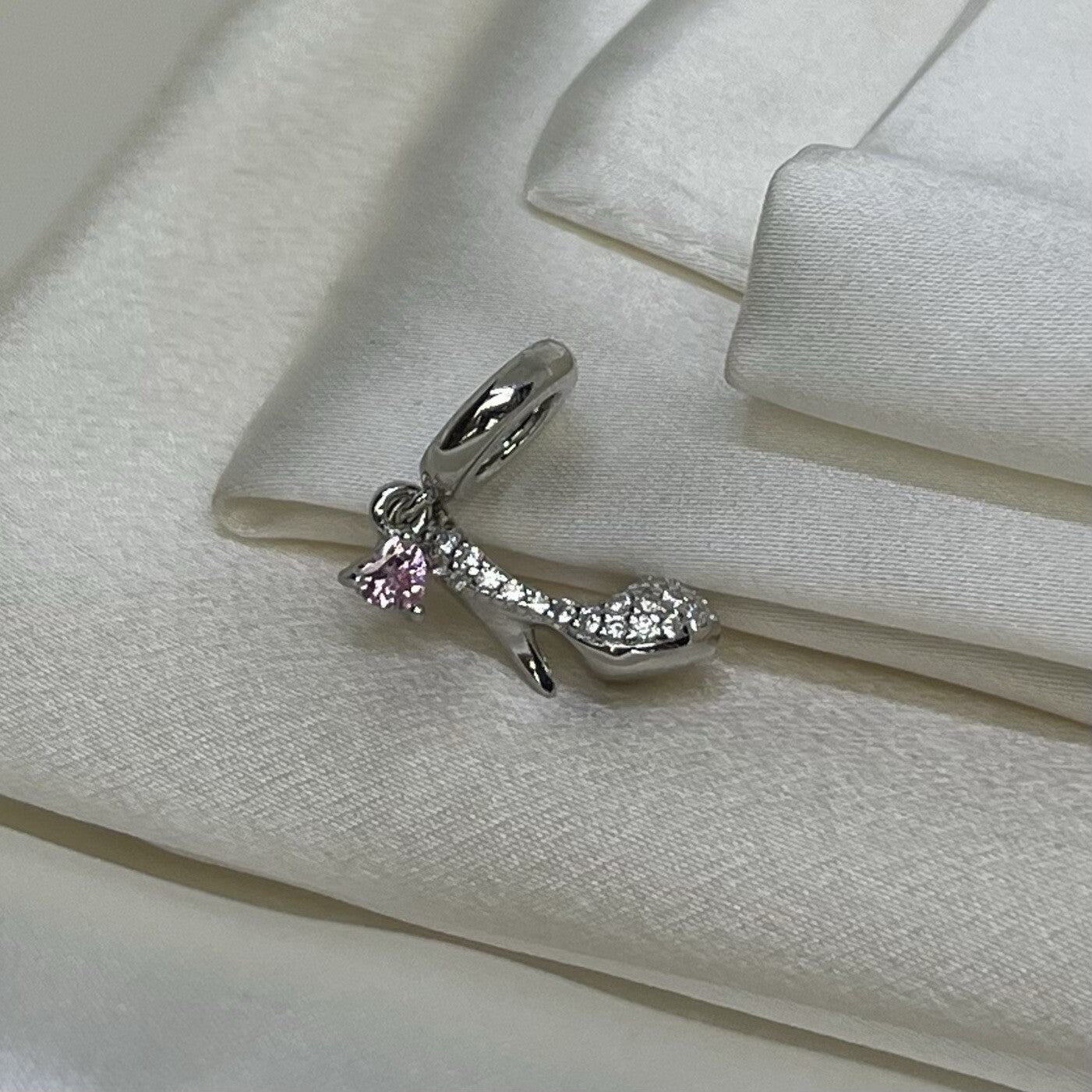 Sterling Silver 925 Pink Heart Cubic Zirconia High Heel Stilettos Dangle Charm