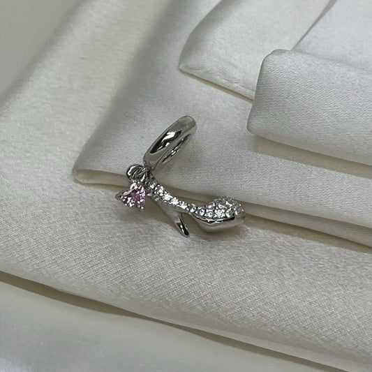 Sterling Silver 925 Pink Heart Cubic Zirconia High Heel Stilettos Dangle Charm
