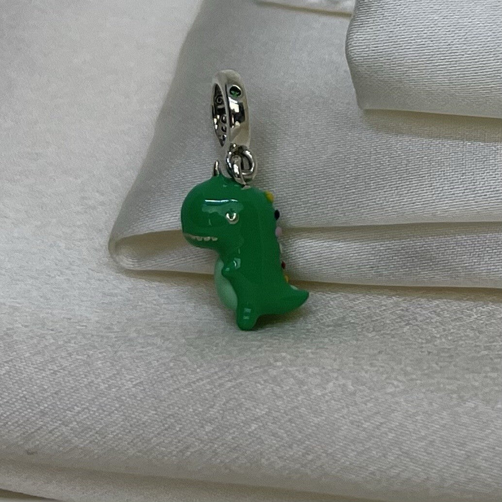 Sterling Silver 925 Green CZ Stone Enamel Anime Dragon, Dinosaur Dangle Charm