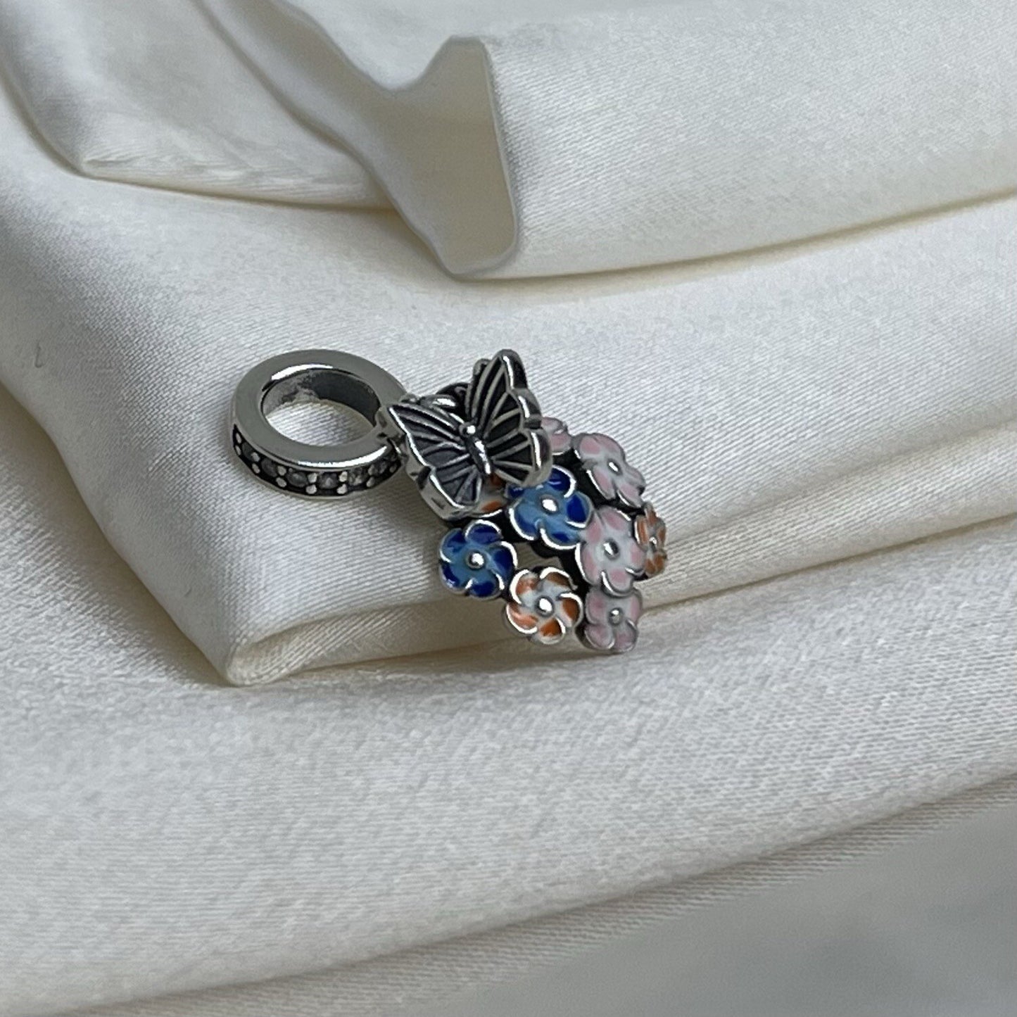 Sterling Silver 925 Enamel Cubic Zirconia Butterfly on Colorful Flowers Charm