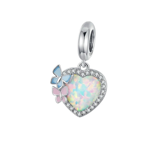 Sterling Silver 925 Enamel Cubic Zirconia Butterflys on Opal Heart Stone Charm